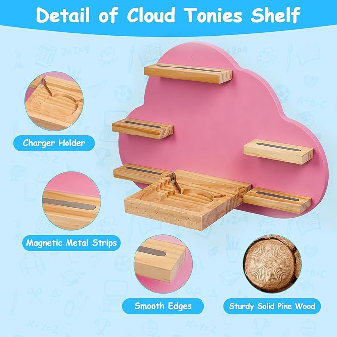 Cloud Toines Shelf, for TonieBox 1 and 2 Tonies Wall Floating Shelf Storage for 12-20 Toine Figures Characters Wall Shelf Magnetic for Tonies Toniebox, Charging Station, Kids Play Room (Pink 2)