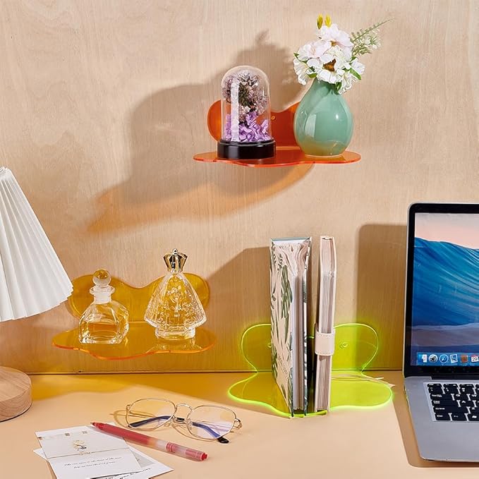 WADORN 4 Packs Acrylic Floating Shelves, Small Colorful Wall Shelf Wall Mounted Display Stand with Screw for Makeup Figure Nail Plants Bedroom Office Mounting Organizer Decors, 7.9-inch Diameter
