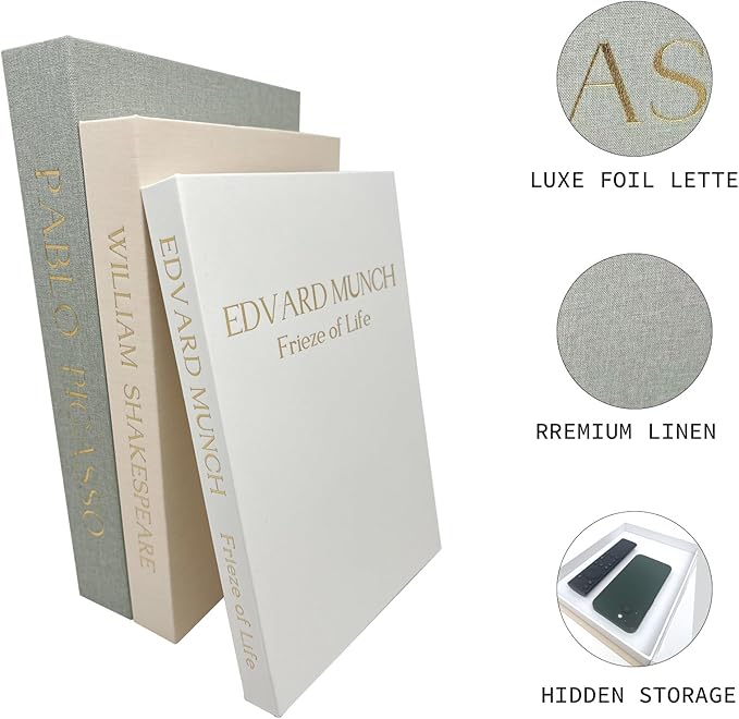 Decorative Books for Home Decor-Set of 3 Linen Aesthetic Fake/Faux Books for Coffee Table/Bookshelf/Mantel Shelf Decoration, Hidden Photo or as Keepsake Storage Box