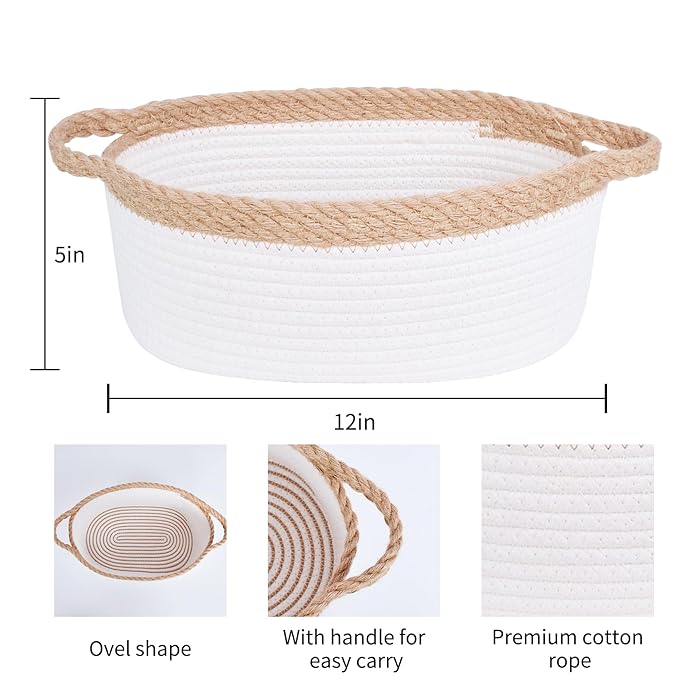 ABenkle Small Basket with Handles - Decorative Durable Rope Woven Storage Bin Shelf Storage Organizer Cube, Easter Baby Gift Basket, 12"x8"x5"