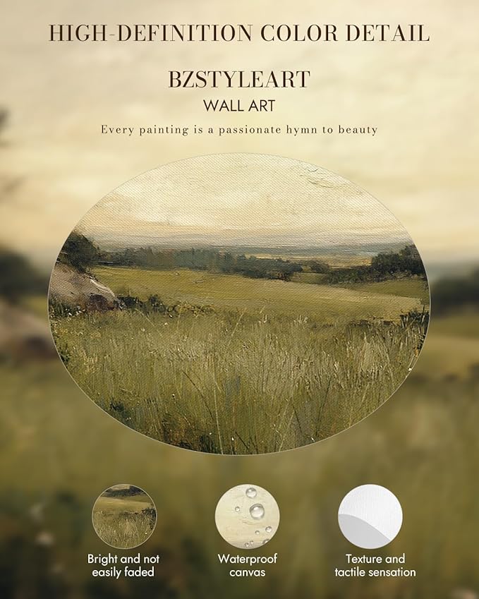 Bzstyleart Vintage Wall Art Decor for Living Room, Gold Framed Canvas Wall Art Home Decor Aesthetic, Grassland Vintage Landscape Prints, Canvas Picture Print Artwork, 12 x 16 Inch