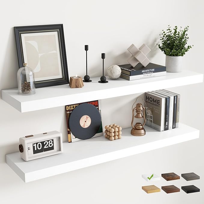 48 Inch Floating Shelves for Wall with Invisible Brackets Set of 2, 9"D Engineered Wood Wall Shelves with Wood Grain for Living Room, Bedroom, Bathroom, Kitchen Decor and Storage, White Finish