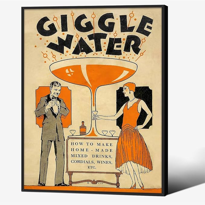 Funny Cocktail Wall Art Vintage Trendy Bar Cart Decor Martini Wine Alcohol Drink Wall Decor 08x10 inch Black Framed Giggle Water Canvas Prints for Home Bar Kitchen