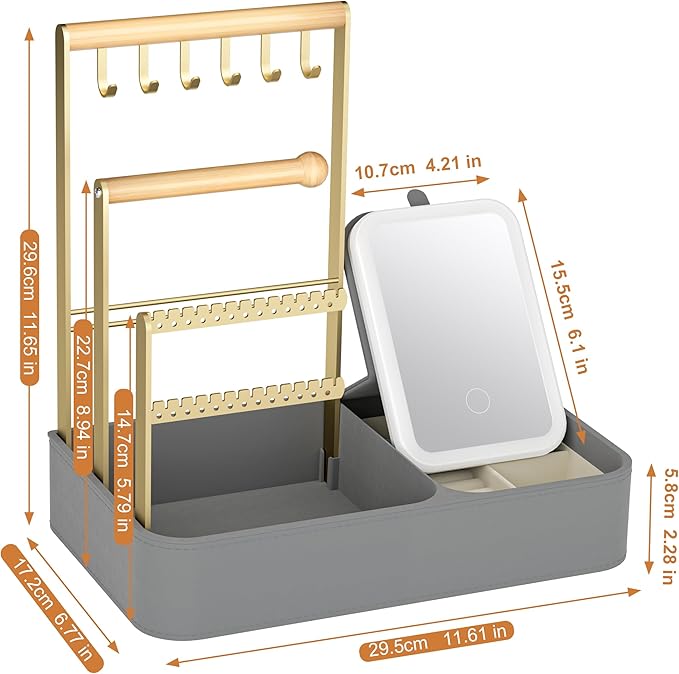 Vanity Mirror with Lights & 4 Tiers Jewelry Holder Organizer, Jewelry Display Stand for Bracelet, Necklace, Earrings, Rings, 1000mAh 3-Color Lighting Makeup Mirror, Light Gray