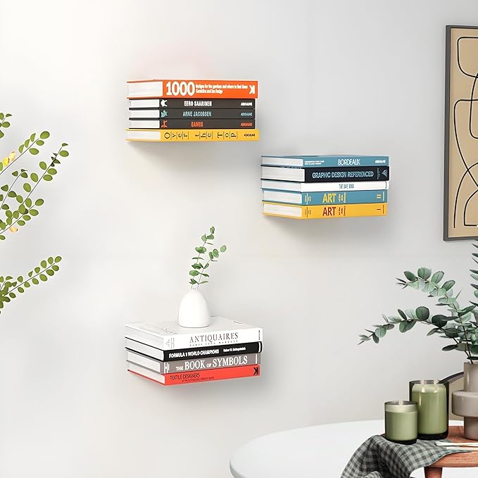4-Pack Invisible Floating Bookshelves,Floating Book Shelf for Wall,Steel Hidden Bookshelf Hanging Shelves for Bedroom Living Room Office Study Room Decor,Drilling Mounted Bookshelves,Book Organizers
