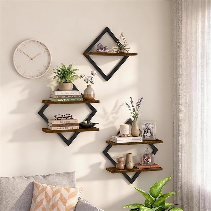 3-Piece Floating Shelves - Unique Geometric Wall Mounted Storage Set (1 Single & 2 Double Tiers), Sturdy Wood & Metal Display Shelf for Plants, Picture Frames, Living Room & Bathroom Decor