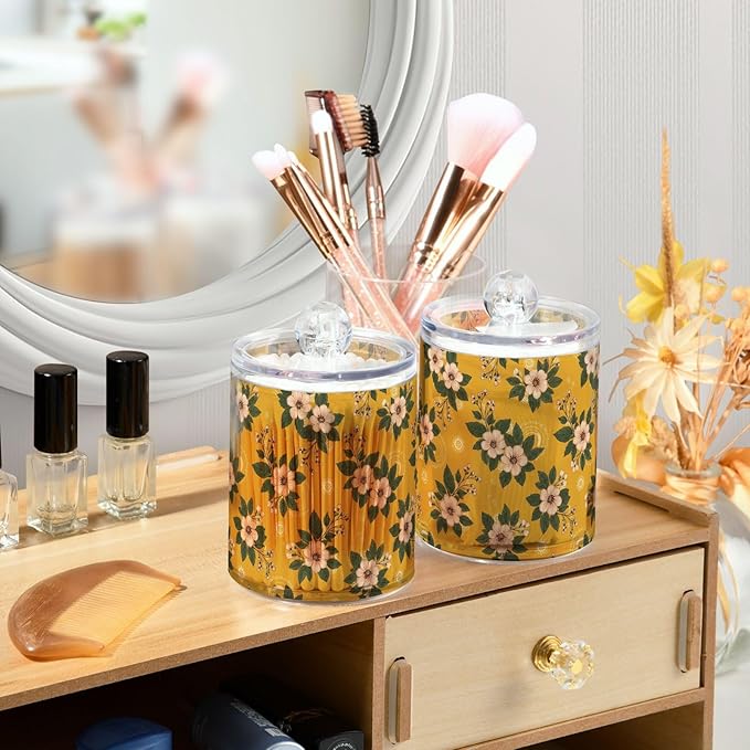 Floral Flowers Leaves Yellow Pattern Bathroom Containers Holder with Lids Set Clear Jars 2 Pack Plastic Makeup Storage Organizer 4.13 x 2.75In for Cotton Swabs Hair Clips Pads