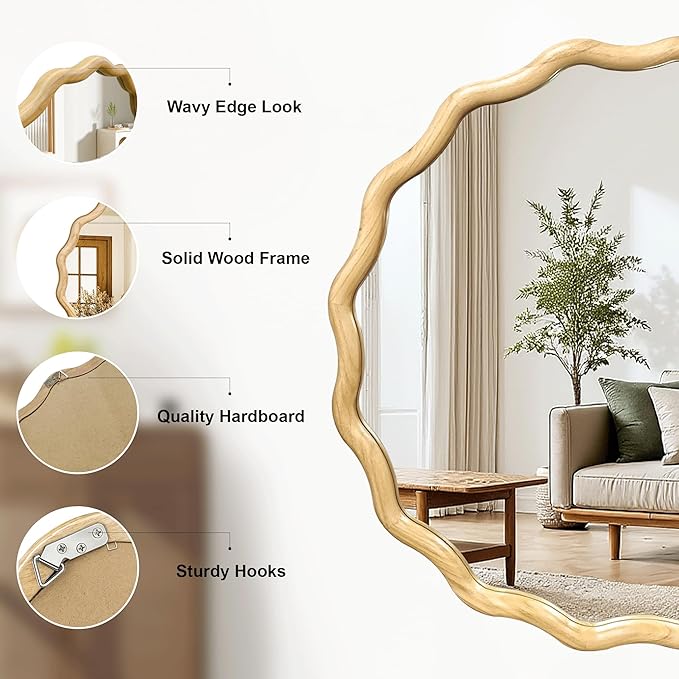 Circle Wood Mirrors for Wall, Wavy Round Bathroom Scalloped Mirror Wooden Frame 24 Inch for Living Room Farmhouse Bedroom Hallway Entryway Living Room with Shatterproof Glass Wall Mounted