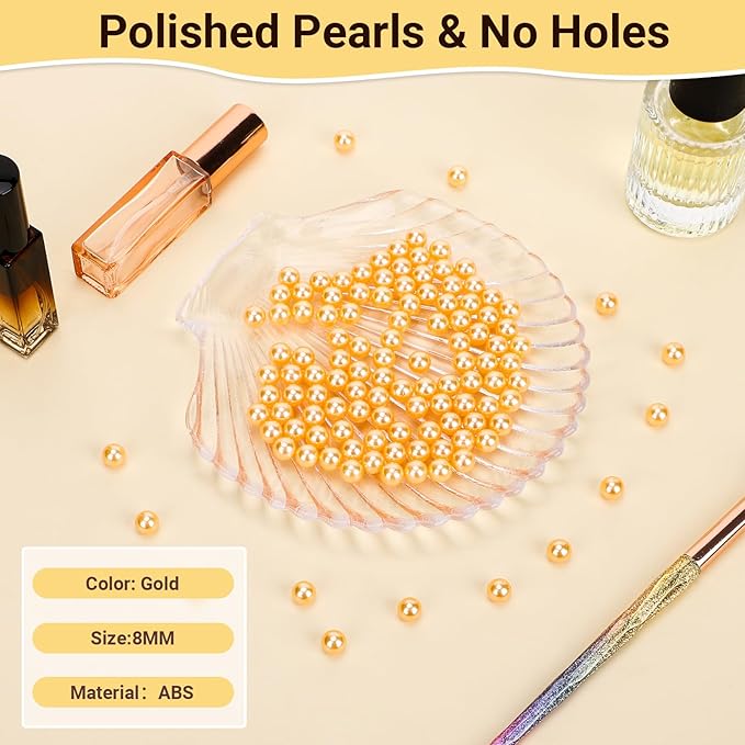 SUREAM 1300Pcs Pearls for Makeup Brush Holder, 8mm/0.31Inch Round Beads for Cosmetic Pencil Storage, Vase Filler for Wedding Centerpiece, Birthday Party, Table Scatter, Home Decoration(Gold, No Hole)