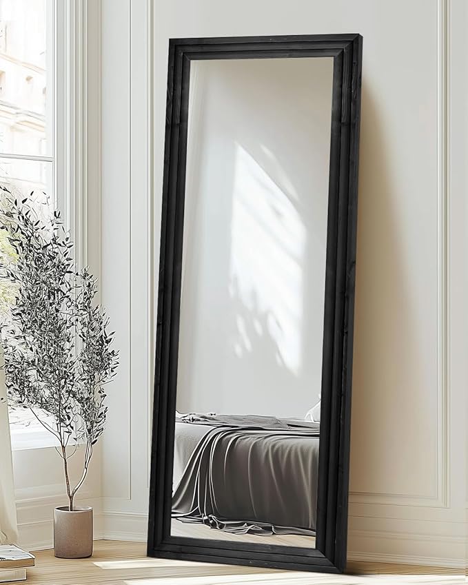 Full Length Mirror 65"x22" with Stand Solid Wood Frame Floor Large Mirror for Living Room, Bedroom Hanging Standing or Leaning Wall-Mounted, New Black