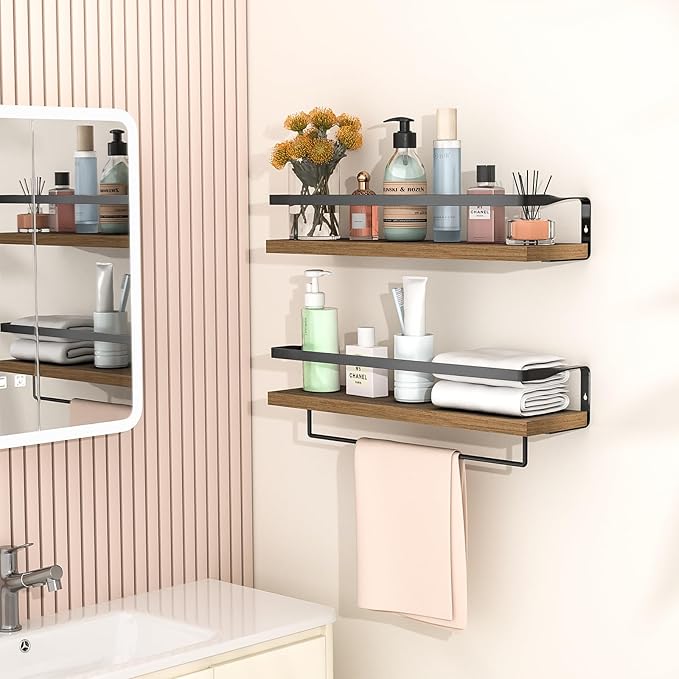Bathroom Shelves with Towel Bar,Floating Shelves for Bathroom, Kitchen, Bedroom, Paulownia Wood, Matte Black Metal Frame - Set of 2 (Light Brown)