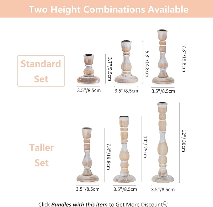 NUPTIO Rustic Candlestick Holders for Decor: Set of 6 Wood Taper Candles Holder - Vintage Candle Stick Tapered Holders for Fall Christmas Party Holiday Home Table Centerpiece