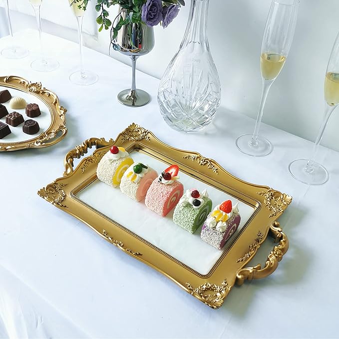 Rectangle Decorative Mirror Tray, French Style, Makeup Organizer, Jewelry Organizer, Serving Tray, 9.5"x 14.9", Gold