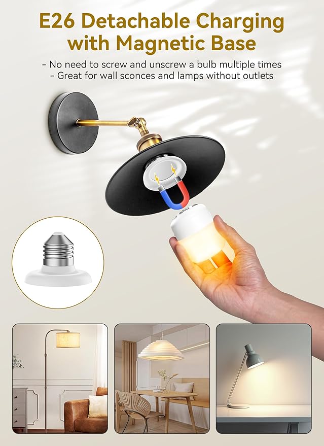 Minetom E26 Rechargeable Light Bulbs with Remote and Timer, Battery Backup Bulb with 12 Colors and Brightness Dimmable, 2300mAh 40W Equivalent LED Light Bulbs for Lamps Sconces Camping, 2 Pack
