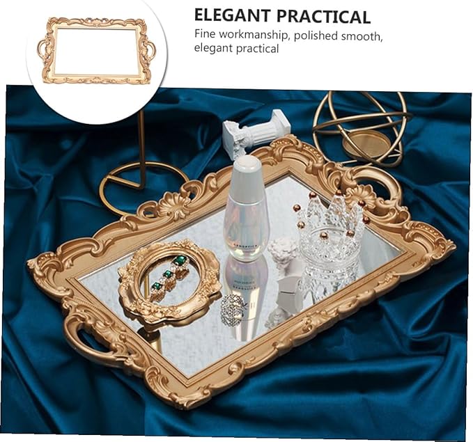 Golden Rectangular Retro Mirror Tray Cosmetic Storage Plate Perfume Organizer Decorative Makeup Vanity Display Tray for Home Décor and Photo Props