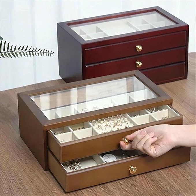Ring Box Wood Multi Layer Drawer Type Storage Box Makeup Box Cosmetic Containers Desktop Stationery Organizer Earrings Jewelry Ring Boxes for Jewellery Box,