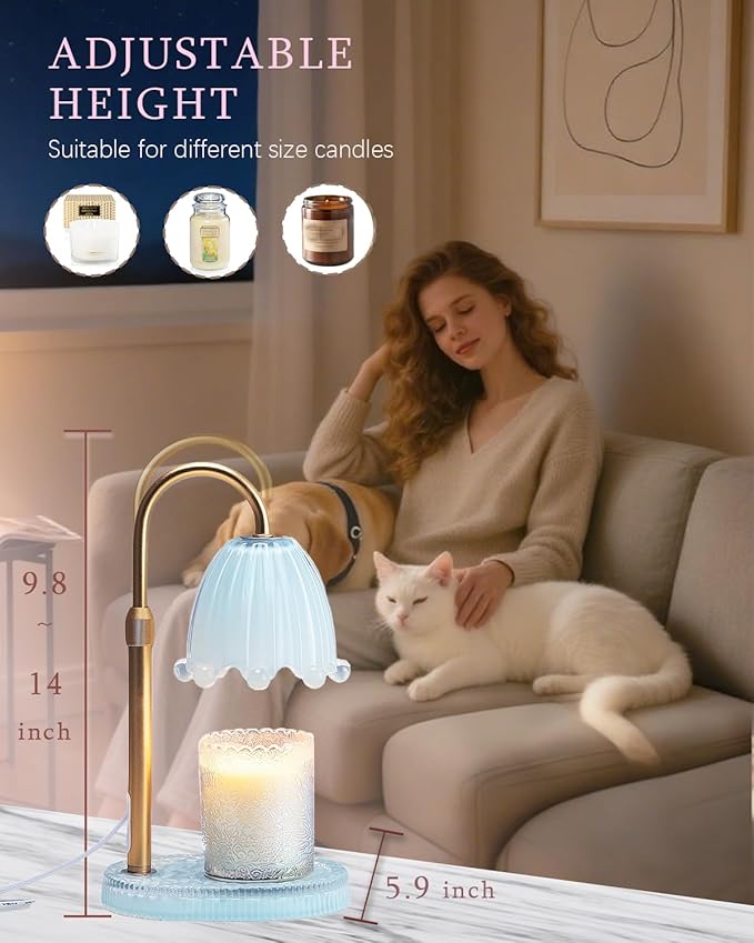 Flower Candle Warmer Lamp with Timer, Vintage Adjustable Glass Warmer Light for Jar Candles, Electric Wax Warming Melter, Gifts for Women Mom, Bedroom Decor (Blue-Flower)
