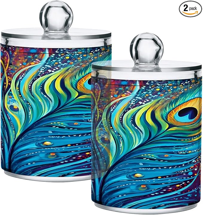 2 Pack Qtip Holder Dispenser for Cotton Ball Peacock Feathers Rainbow Feathers Blue Swab Round Pads Clear Plastic Acrylic Jar Set Bathroom Canister
