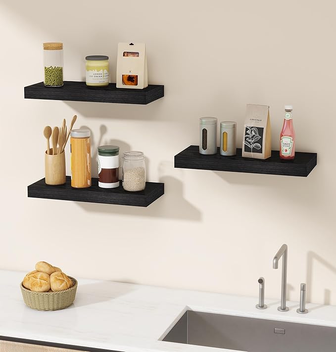 Vervida® Floating Shelves for Wall, 15" Rustic Wood Deep Wall Mounted Shelves with Invisible Brackets for Decor & Storage, Floating Shelf for Living Room, Bathroom (Black, Set of 3)