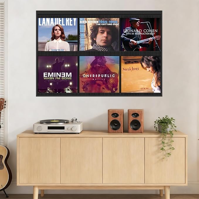 ALSLEA Vinyl Record Wall Shelf - 6 Pocket Oxford Fabric Grid Organizer for 12" LP Covers, No Tools Mounting, Modern Record Display