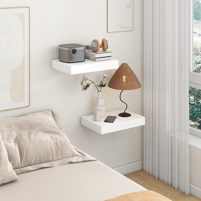 FLYJOE 12 Inch Deep Floating Shelves | 16 Inch White Floating Shelves Set of 2 | Rustic White Deep Shelves for Wall | White Wall Shelves for Living Room Bathroom Kicthen Bedroom