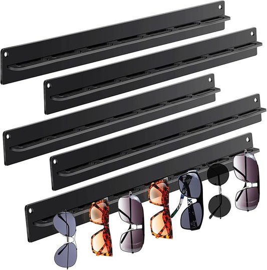 5 Pack Acrylic Sunglasses Organizer - Wall Mounted Sunglasses & Eyeglasses Holder - Hanging Eyewear Display Rack for Entryway Shelf (Black)