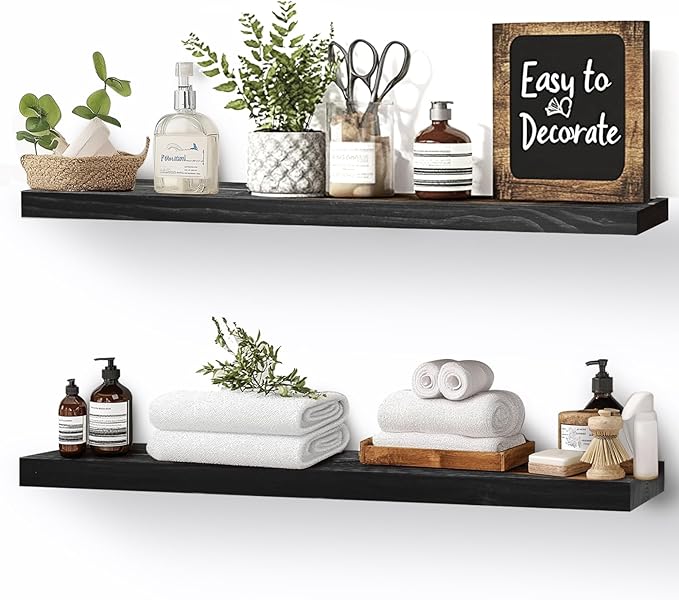 Floating Wall Shelves 2-Pack - Rustic Black 16-inch Wooden Wall Shelves for Storage and Décor, Multi-Functional and Easy to Install for Living Room, Bedroom, and Kitchen
