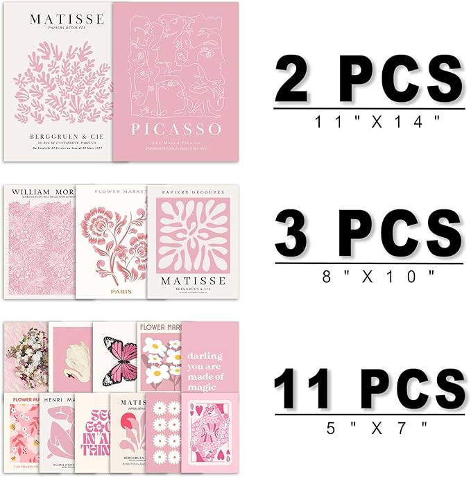 ANERZA 16 PCS Pink Wall Art Decor, Matisse Gallery Wall Prints for Bedroom, Light Pink Posters for Room Aesthetic, Collage Kit Pictures for Living Room, Teen Girls Dorm Home Artwork