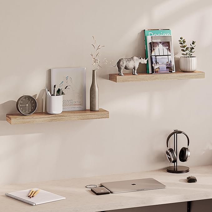 Ballucci Floating Shelves, 24" Wood Wall Shelf Set of 2, Invisible Brackets Floating Shelf Bathroom Wall Decor, Living Room, Bedroom, Kitchen, Nursery, 6" Deep, Natural Oak