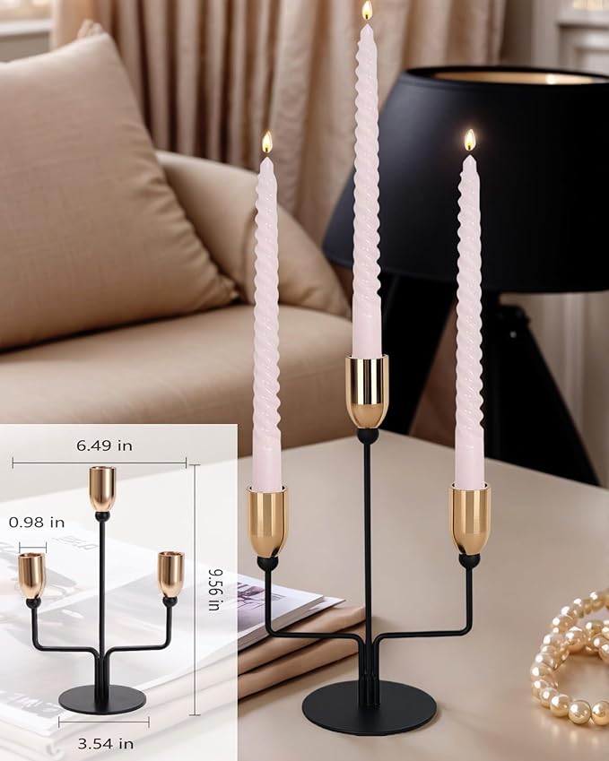 Metal Triple Taper Candle Holder, Modern Gold & Black Candle Holder with Stable Base, Decorative Candle Stand for Home Decor, Wedding, Dining, Party, Anniversary