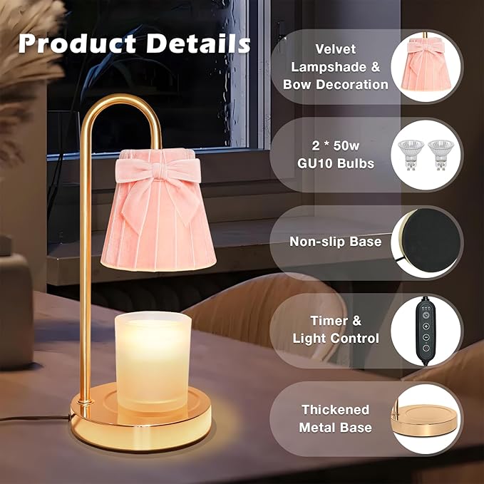 Crystal Club Candle Warmer Lamp with Timer, Dimmable Wax Warmer with Adjustable Brightness, Velvet Lampshade & Bow Design, Gifts for Women Men, Candle Light for Modern Home Decor
