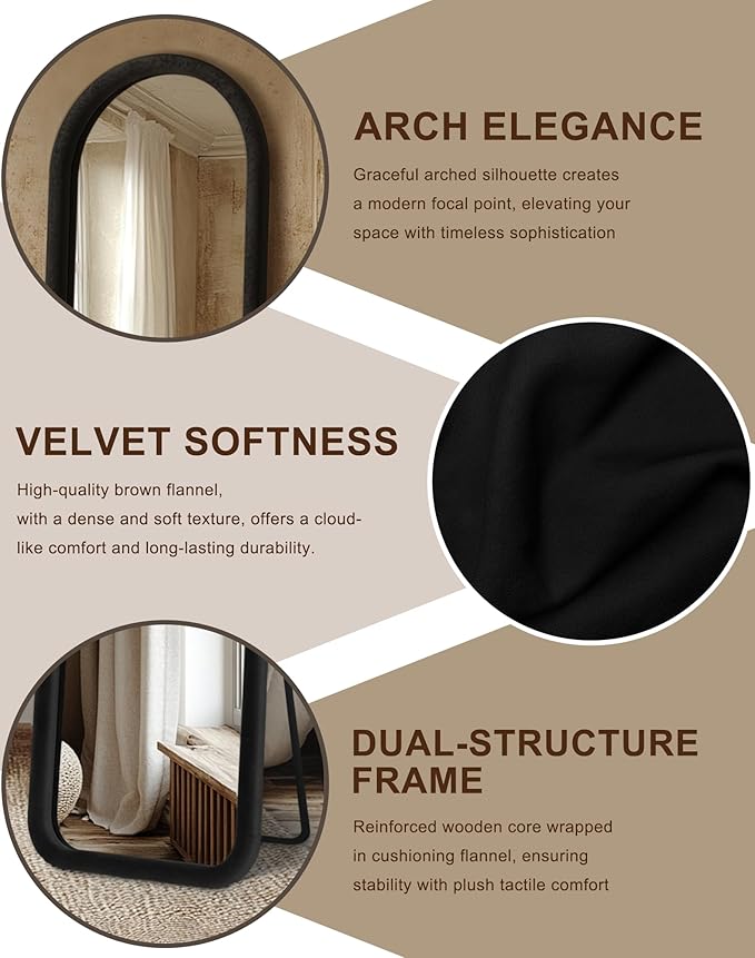 Delma Arched Full Length Mirror, Free Standing Floor Velvet Finish Frame Mirror for Leaning or Hanging, Soft Touch Bedroom & Living Room Decor, Black