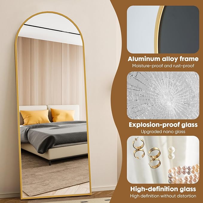 DUMOS Arched Full Length Mirror with Stand 71"x26" Floor Standing Aluminum Frame for Bedroom Body Hanging Leaning Modern Simple Home Decor Shatter-proorf Nano Glass Wall Living Room Cloakroom Gold