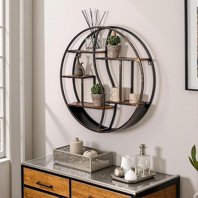 Round Wall Shelf,24 inch Metal Circle Shelf Wood Floating Shelves,Rustic Retro Wall Mounted Display Organizer Shelf for Fireplace,Living Room,Bathroom