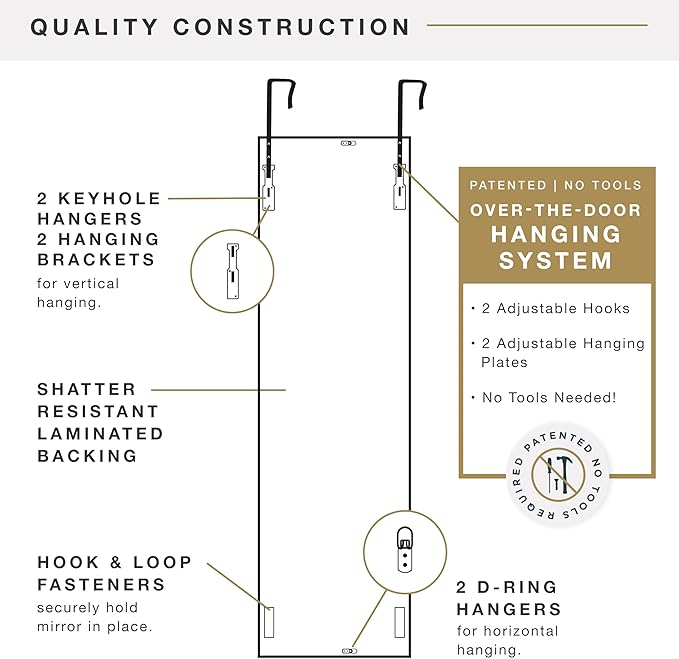 MCS 14.7x50.7 Matte White Over The Door Mirror, Full Length Hanging Mirror for Bedroom & Bathroom Doors, Lightweight Design with Patented No Tools Required Hanging System
