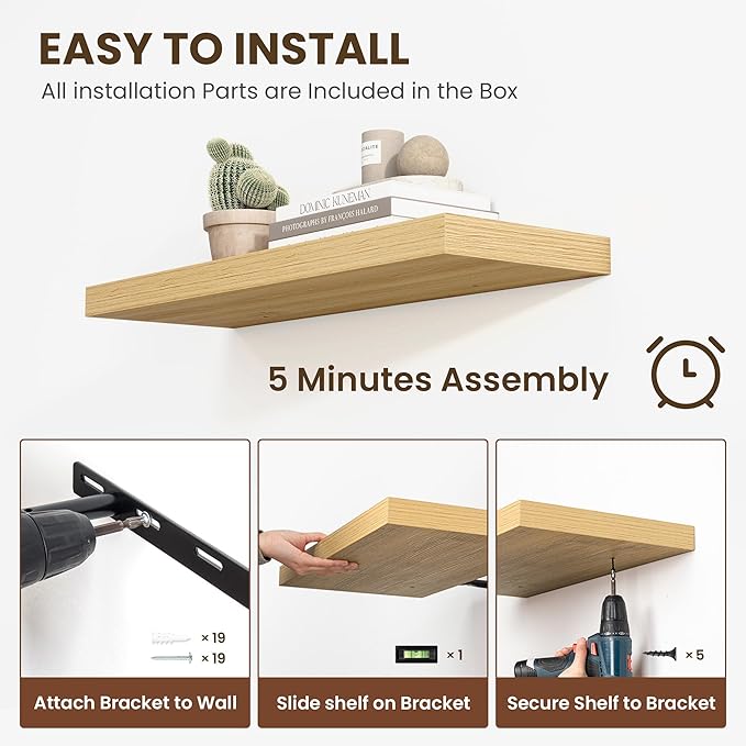 Acovy 36 Inch Floating Shelves, 12 Inch Deep Floating Shelves for Wall, Floating Shelf with Invisible Brackets, Deep Shelves for Bathroom, Bedroom, Living Room, 2 Pack, Natural