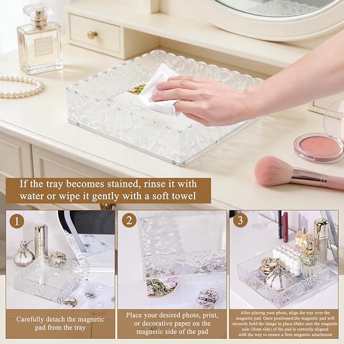 8"x8" Scalloped Acrylic Tray with Magnetic Mat - All-in-One Organizer for Jewelry, Makeup, Desk & Vanity, 2-in-1 as Tray & Photo Stand, for Women, Mom, Bride
