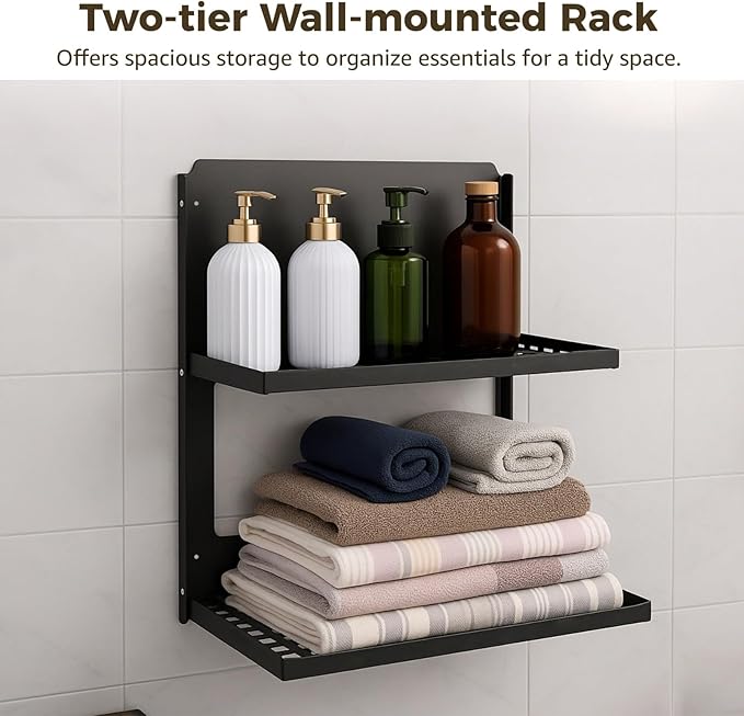 OMISTAR 2-Tier Folding Metal Wall Shelf, Foldable Wall-Mounted Rack, Space-Saving Double-Layer Shelf, Black Iron Floating Shelf for Kitchen, Bathroom, Laundry, Easy Installation with Screws (Black)