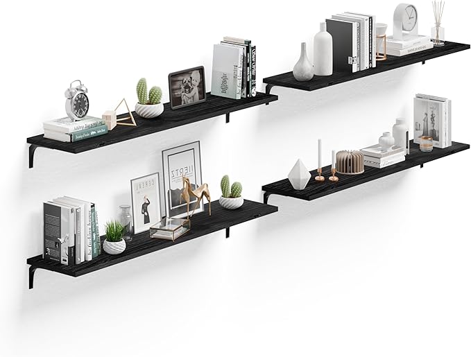 12 Inch Deep Floating Shelves Set of 4, 48 Inch Wide Black Solid Wood Wall Shelves, 4ft Heavy Duty Farmhouse Wall Mounted Shelving for Kitchen, Living Room & Bedroom
