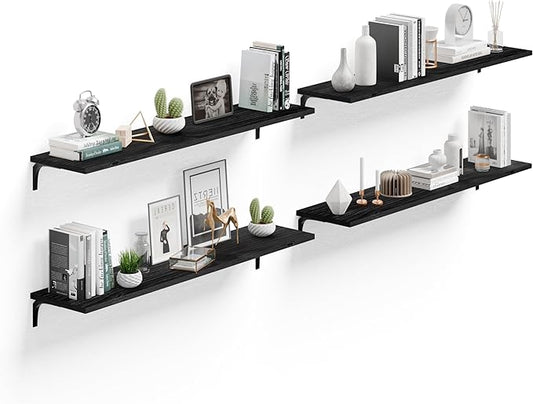12 Inch Deep Floating Shelves Set of 4, 48 Inch Wide Black Solid Wood Wall Shelves, 4ft Heavy Duty Farmhouse Wall Mounted Shelving for Kitchen, Living Room & Bedroom
