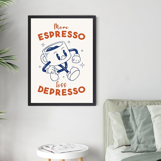 Cyebmo Black White Coffee Wall Art, More Espresso Less Depresso Wall Decor, Funny Coffee Canvas Painting, Cute Cartoon Cafe Cup Poster Print for Kitchen Office Cafe Bar, Wood Framed 16x24 Inch