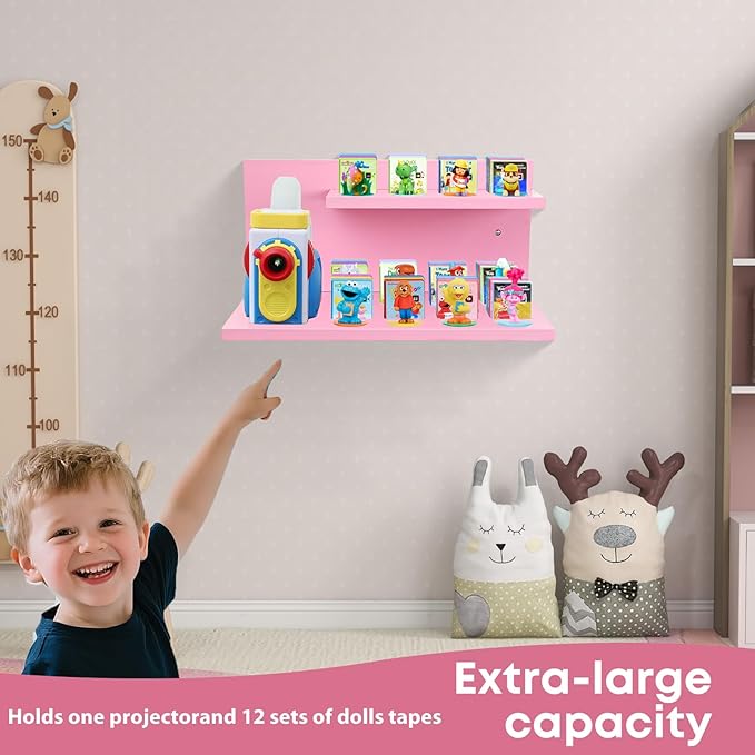 PHOENANCEE Floating Shelves for Little Tikes Story Dream Machine,Wall Shelf for Little Tikes Projector Books Audio Play Character Storage Tray Organizer for Toddlers and Kids Girls Boys,Pine(Pink)