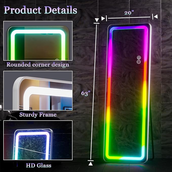 Koonmi LED Full Length Mirror, 63"x20" Full Length Lighted Mirror with Remote Control, RGB Color Changing Lights, 7 Dynamic Modes, Dimmable Brightness