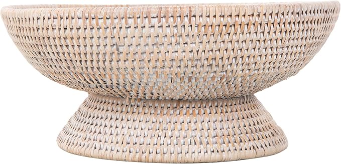 KOUBOO La Joll Rattan Fruit Bowl, Hand Woven Food Fruit Vegetable Bowl, Wicker Storage Basket, Wicker Fruit Bowl for Kitchen Counter, Large, white wash