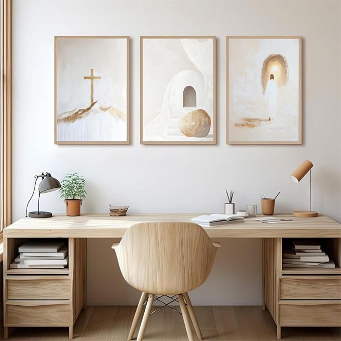 Jesus Christian Wall Art Gold Beige God Canvas Wall Decor He Is Risen Art Religious Christian Poster Modern Minimalist Cross Painting Artwork Jesus Picture Prints for Living Room 12x16x3 Inch Unframed