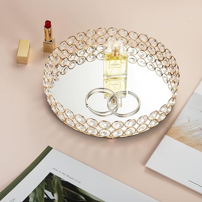 Feyarl Crystal Perfume Tray Makeup Cosmetic Vanity Organizer Jewelry Trinket Display Storage Mirrored Decorative Tray Skin Care Tray for Dresser Home Deco Birthday Gift(Round 10" inch) (Gold)