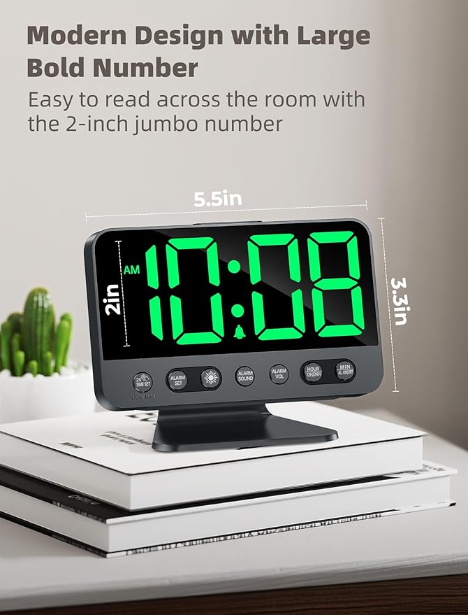 Odokee Digital Alarm Clocks for Bedrooms: Large Bold Number 5 Brightness Dimmer - Easy to Read Across The Room - 5 Alarm Sound 8 Night Light - Green