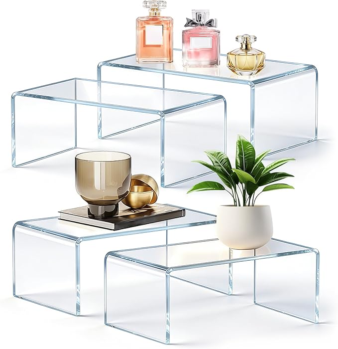Large Acrylic Risers 4 Pack - 12.4" Clear Display Risers, 5mm Thick Acrylic Display Stands for Collectibles, Perfume Organizer, Cupcake Stand & Retail Showcase