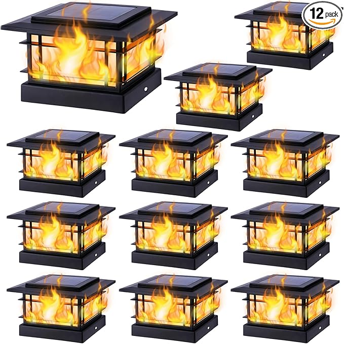 Dynaming 4x4 Solar Post Cap Lights Outdoor with Flickering Flame Light, Black Shell Fence Post Solar Lights Fit Vinyl/Wooden Posts, Brightness LED Lighting Decor for Garden Deck Patio, 12 Pack