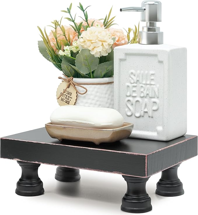 EOSAHR Modern Pedestal Stand for Kitchen Decor : Decorative Wood Riser for Display and Farmhouse Soap Dispenser Tray and Sponge Holder - Retro Countertop Organizer for Counter and Sink (Black)